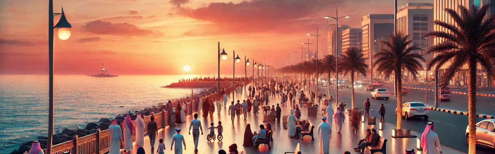 People enjoying the sunset and the Red Sea views from the Jeddah Corniche