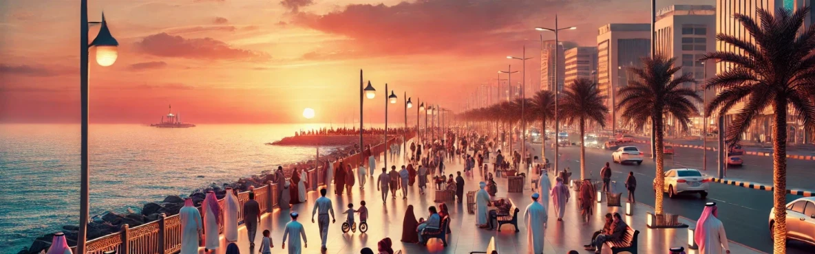 People enjoying the sunset and the Red Sea views from the Jeddah Corniche